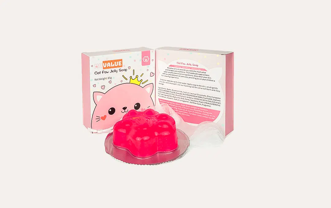 Pink cat-shaped jelly gel with packaging featuring a cute cat illustration.